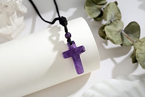 Qinjiejie Amethyst Crystals Necklace Cross Crystal Necklaces Adjustable Black Rope Real Stone Cross Gemstone Reiki Energy Quartz Jewelry For Men Women Father's Day Gift #TOP1