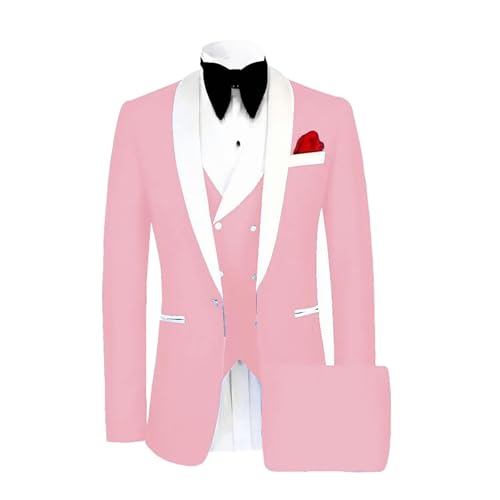 Men Classic Tuxedo 3 Pieces Blazers Vest Pants Fitted Jacket One Button Shawl Lapel Wedding Prom Set Pink