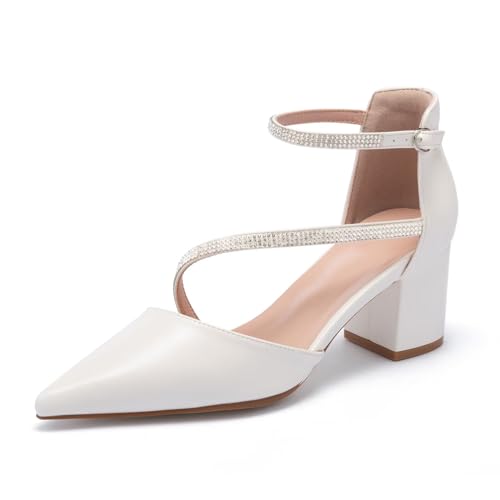 Frank Mully Women's Heel Pumps Close Toe Heels Low Block Chunky Pumps Shoes with Ankle Straps Wedding Party Dress Shoes Rhinestone