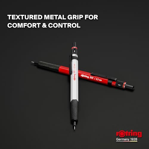 rOtring 500 Feinminenstift | 0,5 mm HB-Mine | Weißer sechseckiger Kunststoffschaft und rutschfestestrukturierte Metallgriffzone