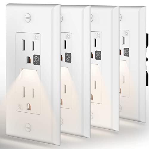 Image of SOZULAMP 15A Outlet with Night Light, TR, 4-Pack | Auto on /off nightlight. Glows through outlets. Shutters block objects. For halls, stairs, baths. Plates & 12-month warranty.