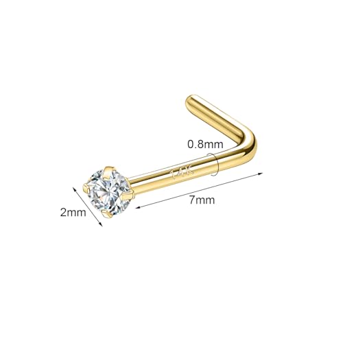 SYLWIA 14K Solid Gold Nose Studs Rings 20g 18g, Moissanite Corkscrew L Shaped Nose Rings, Hypoallergenic 18 20 Gauge Nose Ring Piercing for Women Men Gifts - 2mm 2.5mm 3mm Moissanite2