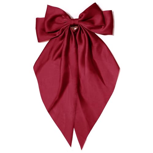 Big Silky Satin Hair Bows for Women: Wine Red Long Tail Cute Ribbon Coquette Barrettes for Girls
