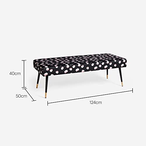 BTFY Velvet Sakura Bench with Japanese Pink Cherry Blossom Print  Black & White End of Bed Lounge Bench for Bedroom & Living Room Spaces with Bold Statement Design & Gold Leg Accent Tips