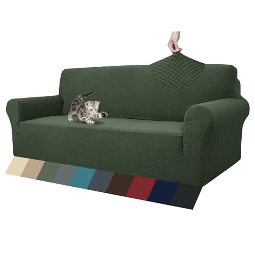 ZNSAYOTX 1 Piece Jacquard Couch Covers for 3 Cushion Couch Living Room High Stretch Sofa Cover Pets Dogs Friendly Anti Slip Thickened Slipcovers Furniture Protector (Sofa, Army Green)