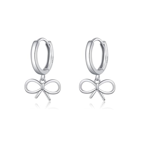 SLUYNZ Sterling Silver Bow Huggie Hoop Earrings for Women Teens Bowknot Small Hoop Earrings Huggie Drop