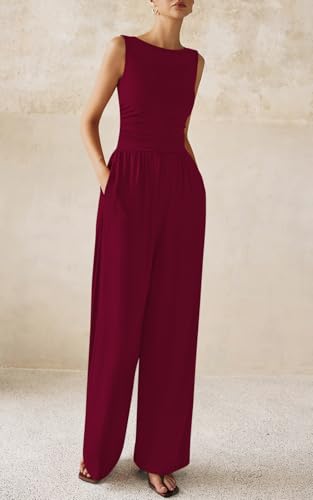 PRETTYGARDEN One Piece Jumpsuits for Women Dressy Casual Sleeveless Crewneck Wide Leg Rompers Jumpers 2026 Vacation Summer Outfits(Wine, XL) by PRETTYGARDEN - Used condition - Image 8