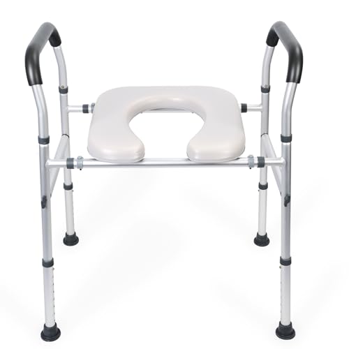 PERZOE Raised Toilet Seat, Height Adjustable Free Standing Raised Over Toilet Seat with Arm Supports, Wipe Clean, and Slip Resistant Feet Already Assembled Aid for Elderly,Hip Surgery Recovery White