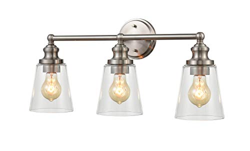 HUANXIN Bathroom Light Fixtures, 3 Lights Vanity Light Fixture Vintage Brushed Nickel Wall Sconce Lighting with Clear Glass Shade for Bathroom, Living Room, Mirror, Dressing Table HUANXIN Bathroom Light Fixtures, 3 Lights Vanity Light Fixture Vintage Brushed Nickel Wall Sconce Lighting with Clear Glass Shade for Bathroom, Living Room, Mirror, Dressing Table