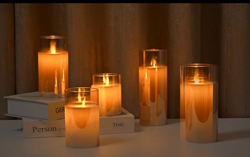 Image of LTETTES Set of 5 Premium LED Amber Glass Cup Pillar Candles with Real Wax with Moving Faux Wick | Battery Powered with Remote Controller | 3 inch H x4,5,6,7 inch,8 inch Dia | Ideal for Home Decor and Gifting