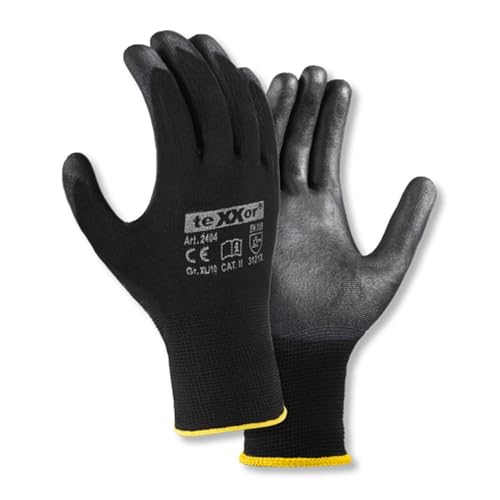 texxor 12 Paar Polyester-Strickhandschuhe 2404, PU beschichtet, Packung, schwarz, 10/XL, Strickhandschuhe, Arbeitshandschuhe, Schutzhandschuhe