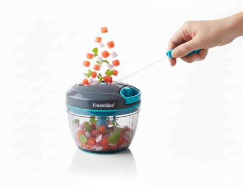 Image of Vegetable Chopper Manual Food Chopper, Black Blue, 500 Milliliters | Stainless Steel Blades, Onion Cutter, Garlic Cutter, Chilli Cutter