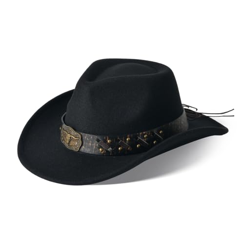 Image of Classic Western Cowboy Hat Cowgirl Hat Unisex Men's & Women's Wide Brim Felt Fedora Hat Flat Top with Buckle Belt