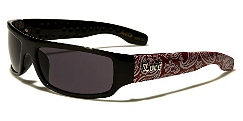 Locs Paisley Bandana Print Slim Rectangular Retro Wrap Around Sunglasses (Glossy Black & Red Bandana Frame, Black Lenses) LOC9003-BDNA One Size Fits Most