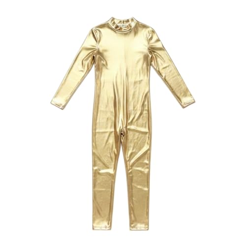 Image of Momolaa Girls Shiny Metallic Unitard Long Sleeve Mock Neck Unitard Full Body Jumpsuit Kids Bodysuit with Multiple Color Options for 11-12 Years Gold