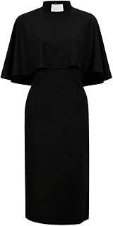 Women's Cape Sleeve Short Church Dress Clergy Tab Insert Collar Priestess Cape Midi Dress