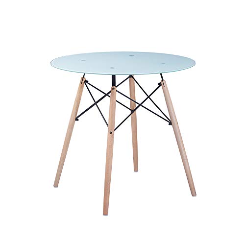 H.J WeDoo Ronde Table à Manger en Verre trempé Scandinave Design avec Eiffel Jambes en hêtre HxD 75 x 80 cm