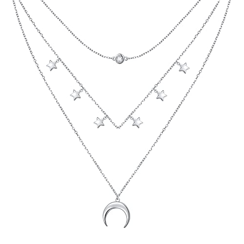 DAOCHONG Layered Necklace 925 Sterling Silver Multilayer Necklace Triple 3 Layered Choker Necklace Long Chain Necklace for Women