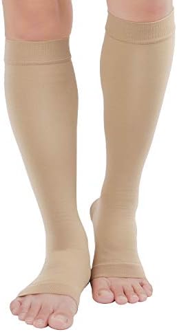 TOFLY® Compression Stockings (Pair), Grade Firm Support 20-30mmHg, Opaque, Unisex, Open Toe Knee High Compression Socks for Varicose Veins, Edema, Shin Splints, Nursing, Travel, Beige L