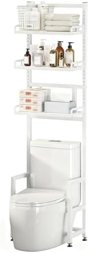 Adjustable Carbon Steel 1/2/3 Tier Over Toilet Storage Rack, White Bathroom Organizer with Easy Access Shelves, Stable Load-Bearing, 47x25x164cm, Perfect for Small Spaces