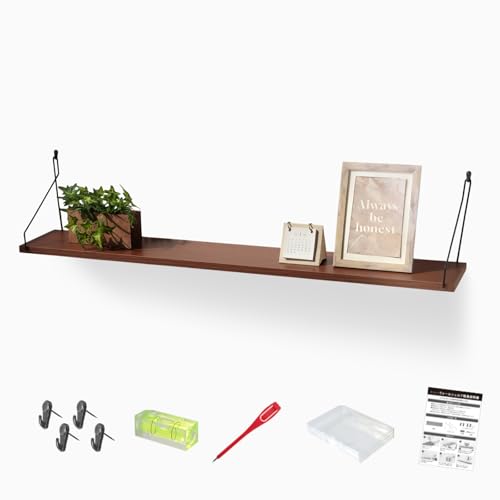 [賃貸OK]atRise[アットライズ] ウォールシェルフ 壁を傷つけない 30cm/60cm/90cm 壁掛け棚 工具不要 水平器付き 飾り棚 おしゃれ 壁掛け 本棚 コレクション棚 壁 棚 小物置き 吊り棚 (ダークウッド, 90cm)