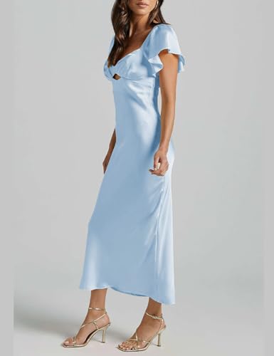 Image of Summer Satin Flutter Sleeve Wedding Guest Dresses for Women Sweetheart Neckline Cutout Tie Back Midi Cocktail Dress