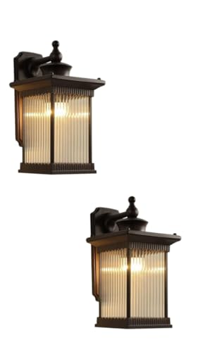 Image of Outdoor Wall Lantern Light, Black Finish, Ribbed Glass Shade and Black Hanging & Gate Light (Half Wall, 1) (Half LAMP, 2)