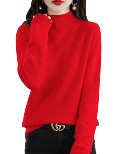Yutdeng Cashmere Jumpers Sweaters for Women UK Ladies Turtle Neck Tops Long Sleeve Soft Warm Pullover Knitted Jumper Thick Loose Casual Tops for Autumn Winter,Red,L