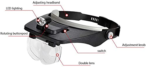 Lupa para cabeça com lâmpada LED 4 lentes, lentes de aumento de fone de ouvido para costura de leitu