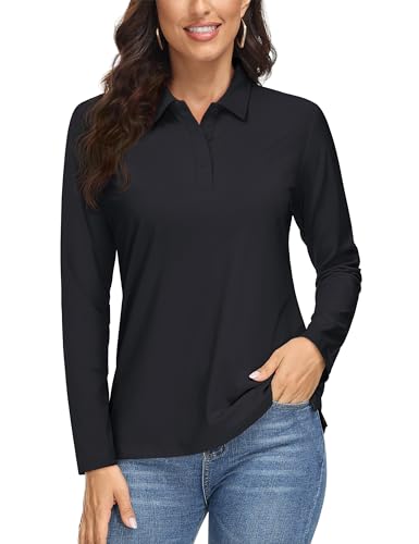 MAGCOMSEN Women's Long Sleeve Polo Shirts Quick Dry Athletic Collared Golf Tops for Work UPF 50+ Moisture Wicking Black