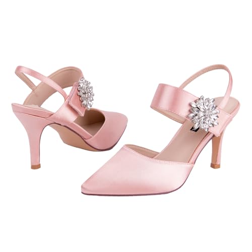Image of ERIJUNOR Mid Heel Shoes for Women Pointed Toe Slingback Rhinestone Brooch Satin Dress Pumps Evening Prom Wedding Shoes