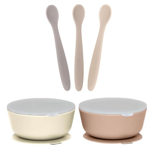 Image of WeeSprout 3 Silicone Baby Spoons & 2 Bowls with Lids Bundle - Soft-Tip, Bendable Feeding Utensils - Durable, Travel-Friendly, Dishwasher Safe - Brown & Beige