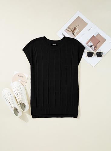 Image of Dokotoo Women's Casual Short Cap Sleeve Knit Tops Summer Loose Crewneck Solid Side Slit Shirts Blouses