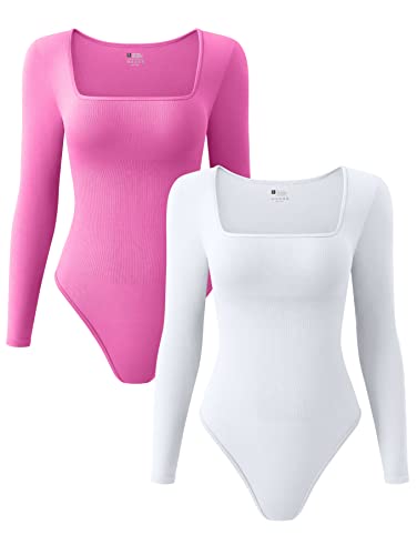 OQQ Women's 2 Piece Bodysuits with Ribbed Square Neck