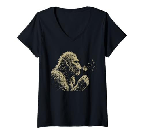 Women's Blowing Wishes Funny Bigfoot Blowing Dandelion Vintage Art V-Neck T-Shirt