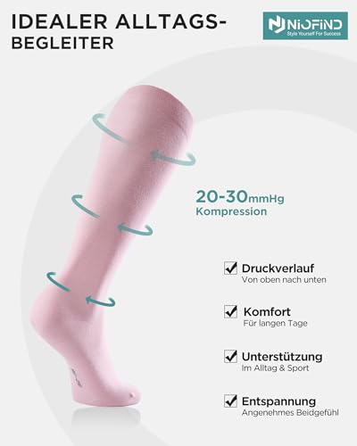 Niofind Kompressionsstrümpfe Damen & Herren, 2 Paar Kniestrümpfe & Stützstrümpfe aus 65% Baumwolle, Reisestrümpfe für Sport, Arbeit, Flug & Schwangerschaft