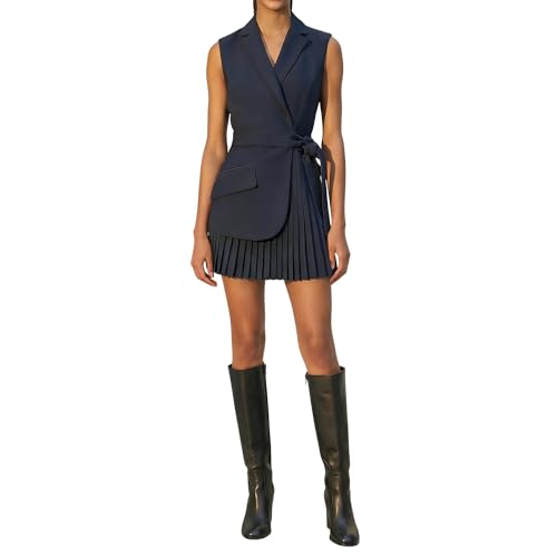 Women's Belt Blazer Dress Lapel Notch Neck Sleeveless Elegant Vest Pleated Mini Dress...
