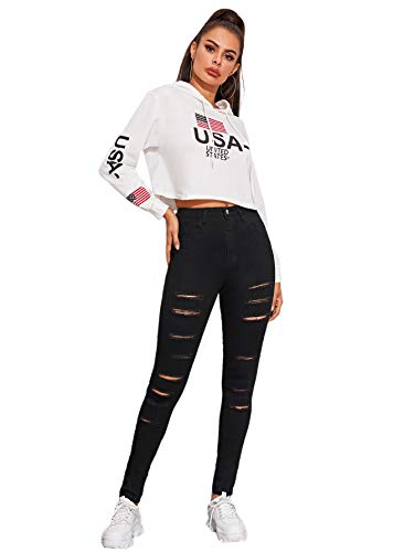 SweatyRocks Women's Hight Waisted Stretch Distressed Denim Pants Ripped Skinny Jeans Black M - Image 6