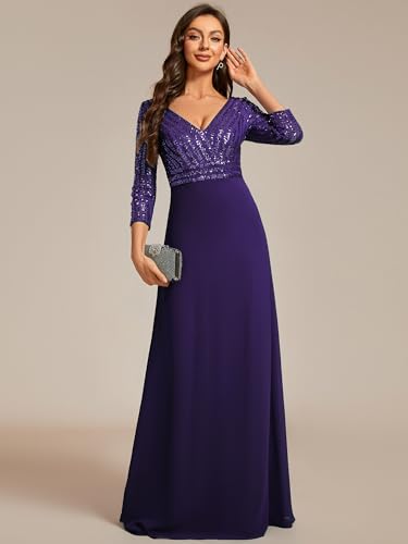 Ever-Pretty Women's Elegant Formal Dress V-Neck Long Sleeve Sequin Maxi Chiffon Evening Dresses Vestidos De Fiesta 00751