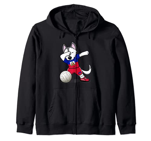 Dabbing Husky Dog Haiti Volleyball Fans Jersey Haitian Flag Zip Hoodie, Black