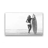 WSJIJY Leinwanddruck Vintage Schwarz Weiß Surfing Mädchen Leinwand Wandkunst Retro Strand Dekor Für Wohnzimmer Schlafzimmer 30X45Cm Kein Rahmen