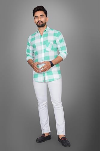 Image of Voroxy Men's Casual Checks Shirt with Pockets Cotton Blend Stylish Branded Checkered Pattern Formal Shirt & Regular Fit Full Sleeves and Spread Collar Style