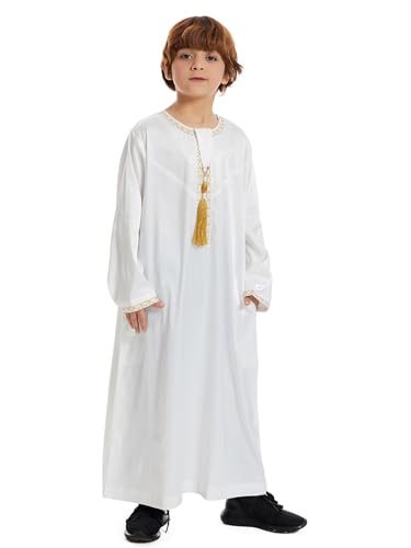 Qianliniuinc Boy's Islamic Dress Round Collar - Youth Long Sleeve Muslim Thobe Arabic Robe Embroidery Clothes with Pockets
