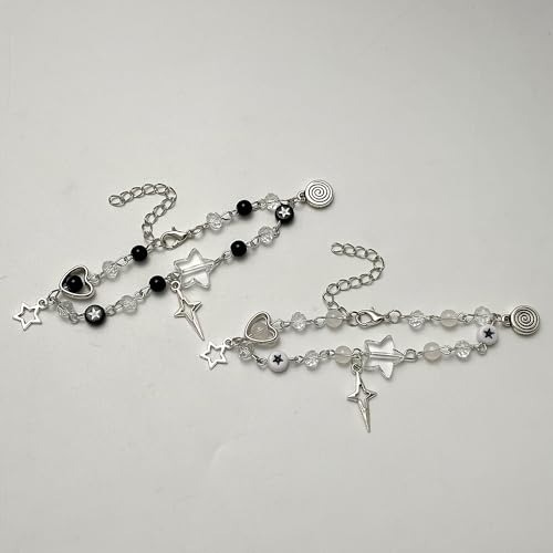 Caiyao Y2K Cool Punk Hollowed Out Pentagram Matching Beaded Bracelet Handmade Guitar Star Pendant Bracelet Aesthetic Imitation Pearl Beads Bracelet for Couples Friends BFF Jewelry Gifts3