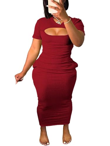 Image of Women's Casual Short Sleeve Dress T Shirt Bodycon Dresses Ribbed V Neck Maxi Sundress Basic Party Club Dress with Pocket