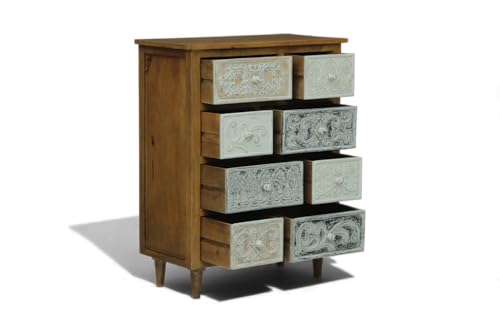 Image of Solid Wood Udaipur Chest of Drawers | 8-Drawer Wooden Dresser with Storage | Light Brown Distressed Finish