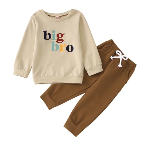 Image of Big Brother Outfit Toddler Boys Big Bro Colorful Letter Long Sleeve Sweatshirt Pants Kids Fall Winter Sweatsuit Set(Apricot-Brown,3-4T(100))