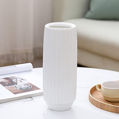 Weidilidu 10.5Inch White Modern Ceramic Vase Vertical Bar Round Porcelain Vase Home Decor Bright Geometric Design Flower Fill (W647White), White (White 647) #TOP3