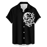 Button Down Shirt Men Rock and Roll Punk Print Pocket Lapel Hawaiian Casual Loose Short Sleeve Shirt Skull 4XL