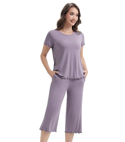 Image of WiWi 3 PCS Pajamas for Women Set Short Sleeve Pajama Sets Capri and Shorts Pj Sets Super Soft Cooling Sleepwear S-XXL